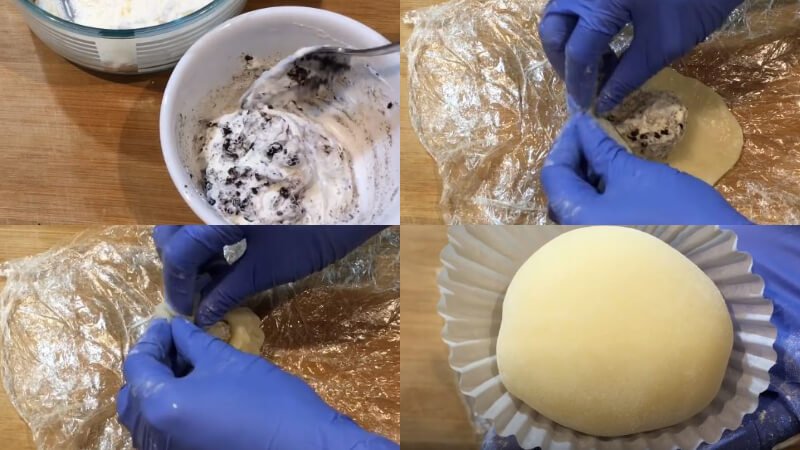 Cho nhân kem tươi oreo vào và gói bánh lại Cho nhân kem tươi oreo vào và gói bánh lại