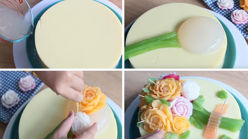 Tạo hình và gắn hoa lên bánh rau câu