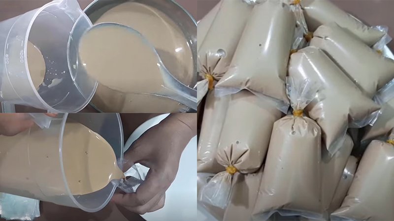 Rót hỗn hợp cà phê ra túi nilon và buộc lại