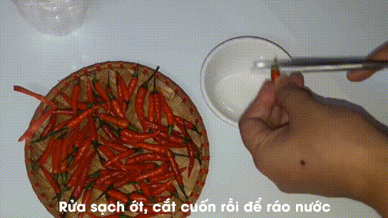 Rửa ớt thật sạch, cắt cuốn rồi để ráo nước. Rửa ớt thật sạch, cắt cuốn rồi để ráo nước.
