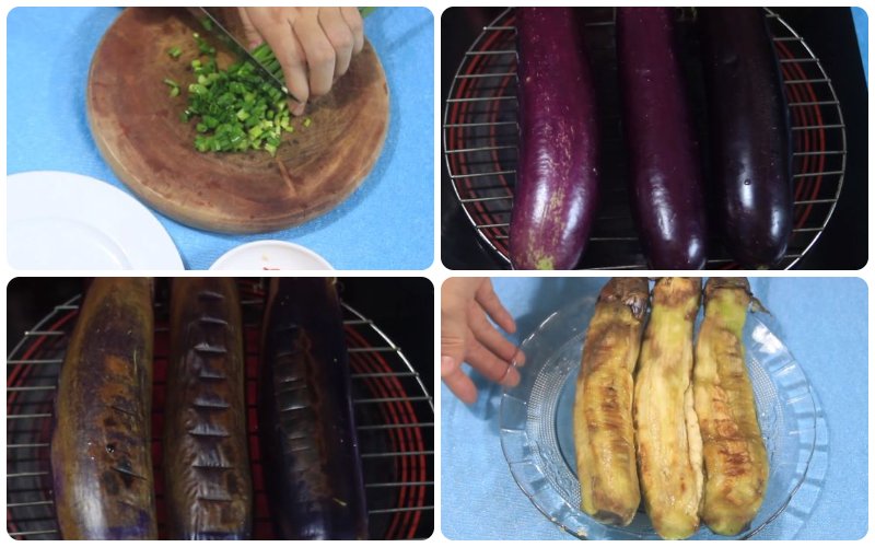 Sơ chế các nguyên liệu và nướng cà tím