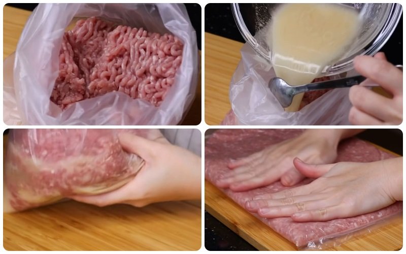 Trộn thịt heo xay với hỗn hợp gia vị Trộn thịt heo xay với hỗn hợp gia vị