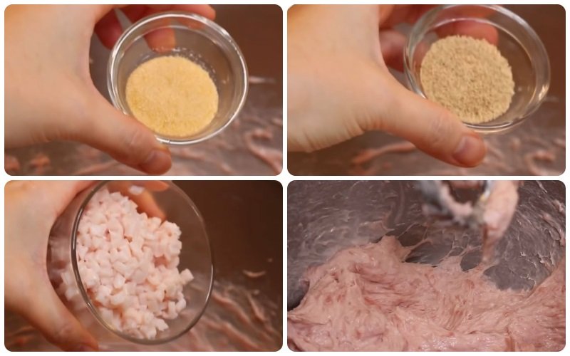 Cho tiêu trắng và bột hành, mỡ heo vào đánh chung thịt heo xay Cho tiêu trắng và bột hành, mỡ heo vào đánh chung thịt heo xay