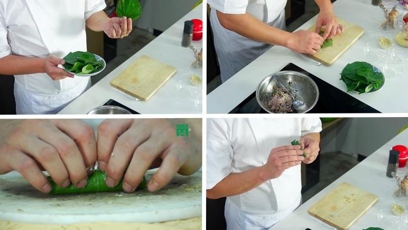 Cuộn chả ốc với lá lốt Cuộn chả ốc với lá lốt