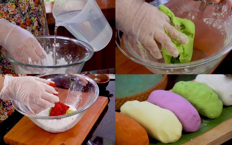 Nhào bột ngũ sắc cho phần vỏ bánh