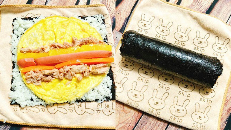 Dùng khăn/ vải sạch làm kimbap thay mành tre