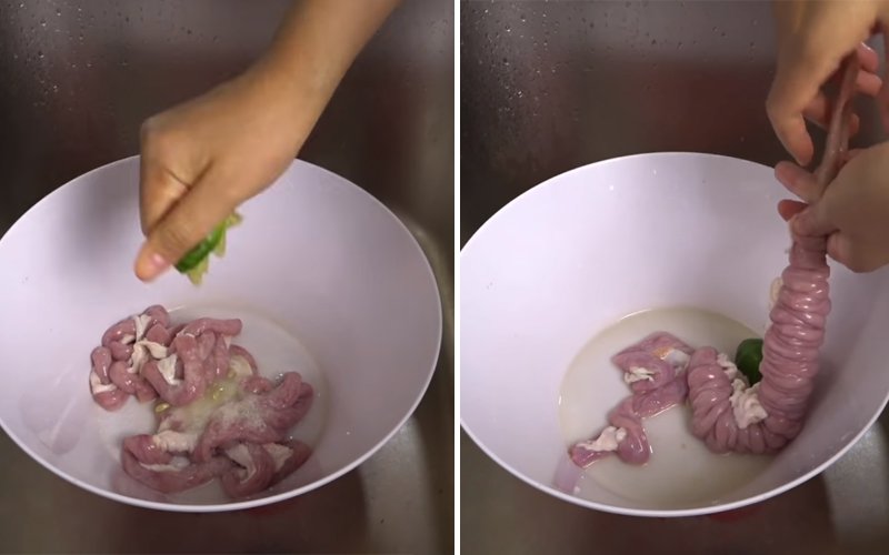Sơ chế lòng non với muối và chanh Sơ chế lòng non với muối và chanh
