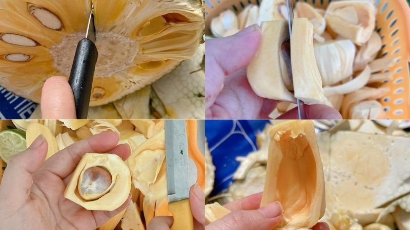 Sơ chế mít thành những miếng vừa ăn.