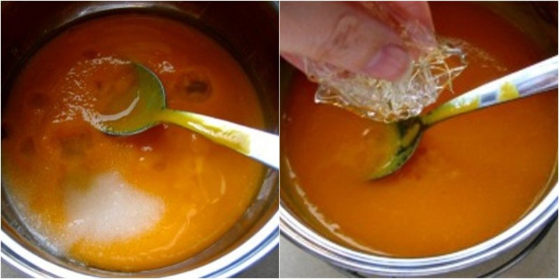 Đun ấm xoài và thả lá gelatin đã mền vào xoài