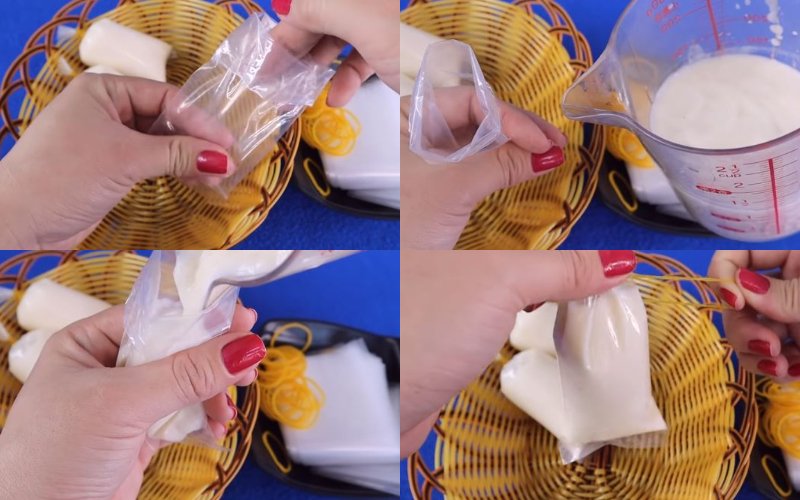 Cho hỗn hợp sinh tố vào bịch nilon nhỏ và cột chặt lại bằng dây thun Cho hỗn hợp sinh tố vào bịch nilon nhỏ và cột chặt lại bằng dây thun