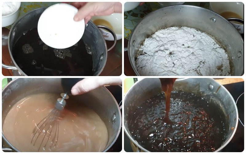 Đun hỗn hợp sau khi cho bột năng, đường vào đến khi sánh lại