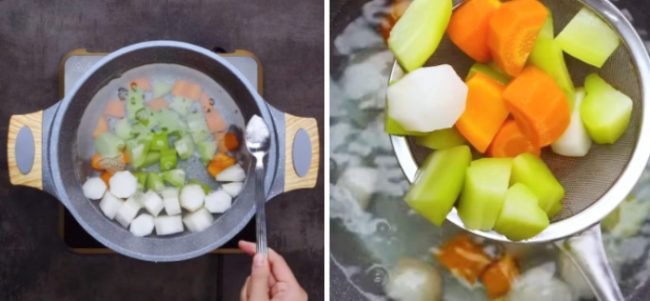 Hầm rau củ với chút muối để làm riêu cua chay