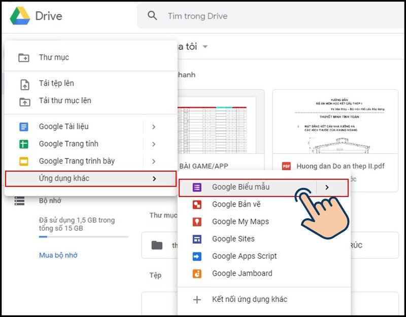Tại Ứng dụng khác bạn hãy chọn vào Google biểu mẫu