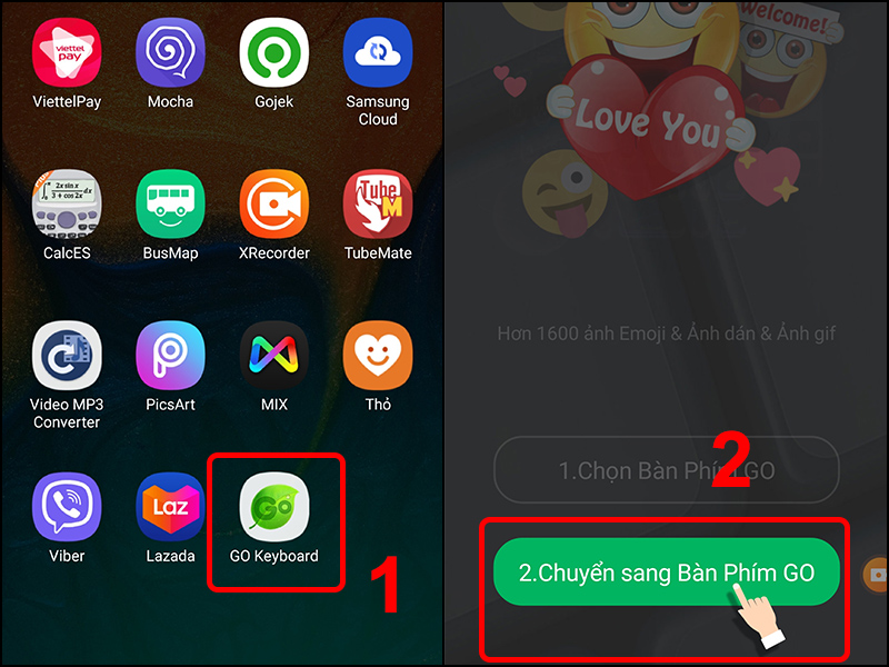 Cách chèn hình ảnh vào bàn phím android Mở ứng dụng GO Keyboard và chọn Chuyển sang Bàn Phím GO