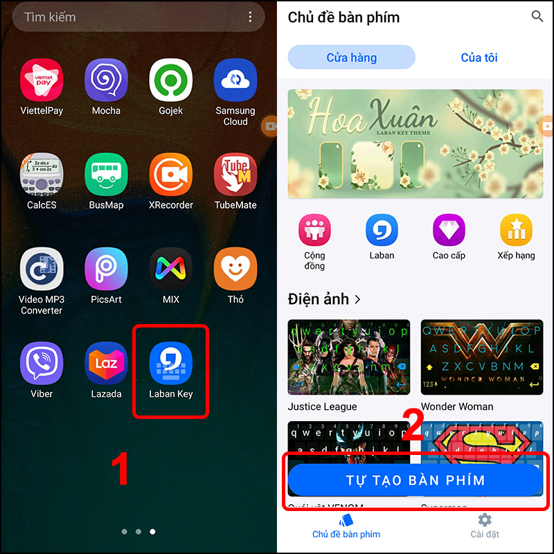 Cách chèn hình ảnh vào bàn phím android Mở ứng dụng LaBan Key và chọn TỰ TẠO BÀN PHÍM