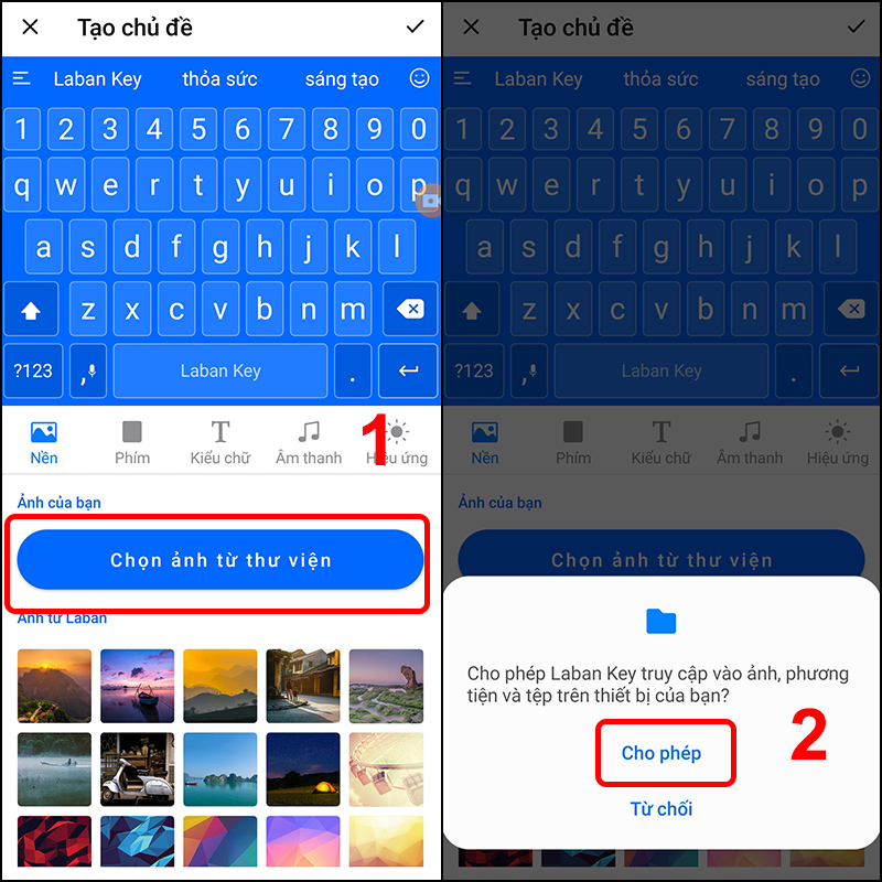 Cách chèn hình ảnh vào bàn phím android Chọn ảnh từ thư viện và bấm Cho phép để cấp quyền truy cập