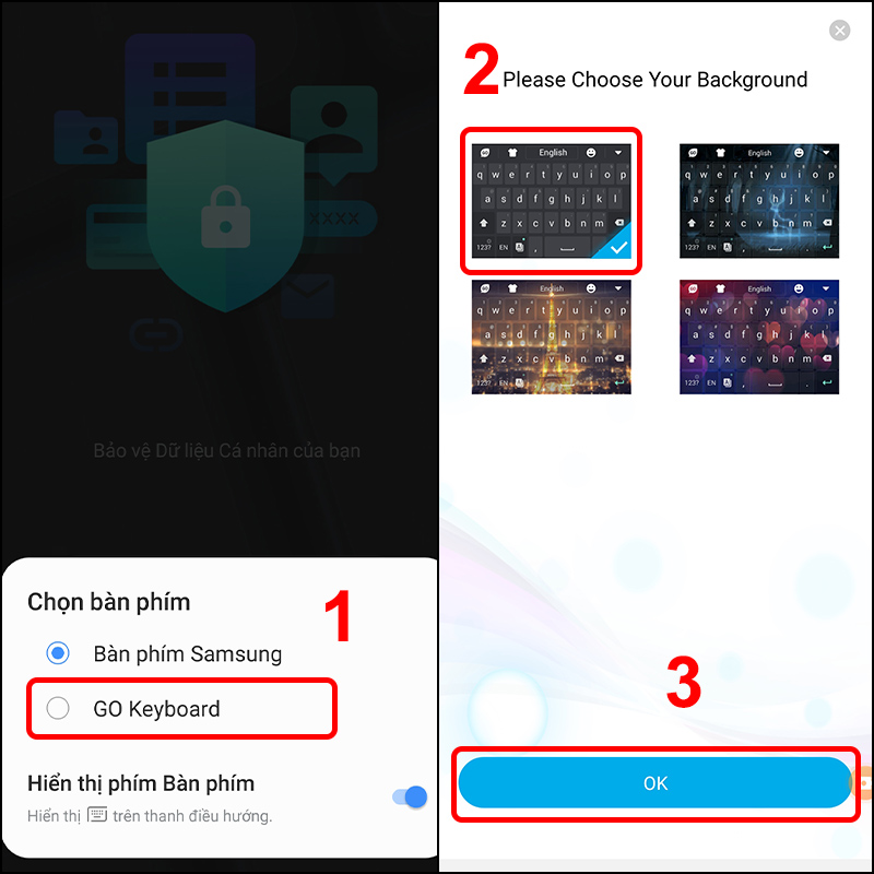 Cách chèn hình ảnh vào bàn phím android Chọn bàn phím GO Keyboard đến Chọn Chủ đề và Nhấn OK.