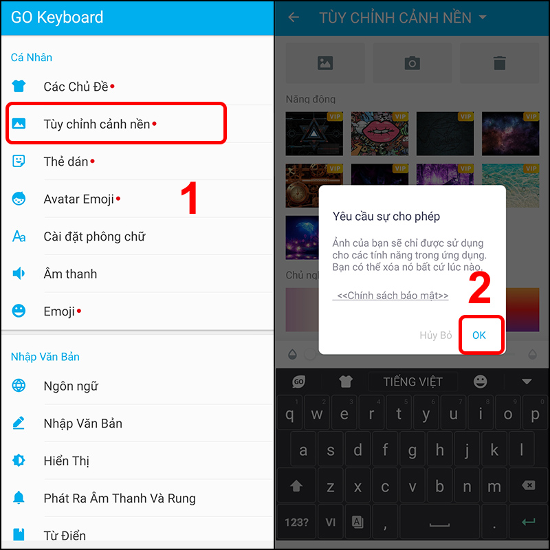 Cách chèn hình ảnh vào bàn phím android Chọn Tùy chỉnh cảnh nền và nhấn OK để cấp quyền truy cập.