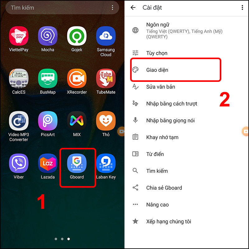 Cách chèn hình ảnh vào bàn phím android Mở ứng dụng Gboard và chọn Giao diện.