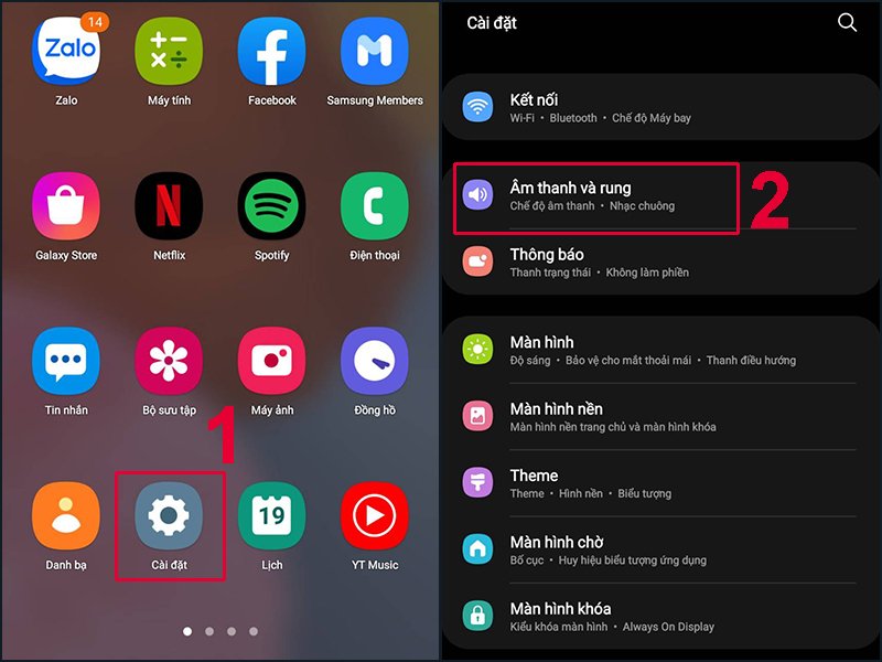 Mở mục Âm thanh và rung trong phần Cài đặt