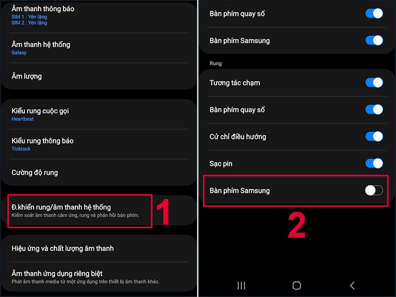Gạt thanh trạng thái trang trái để tắt chế độ rung bàn phím Samsung