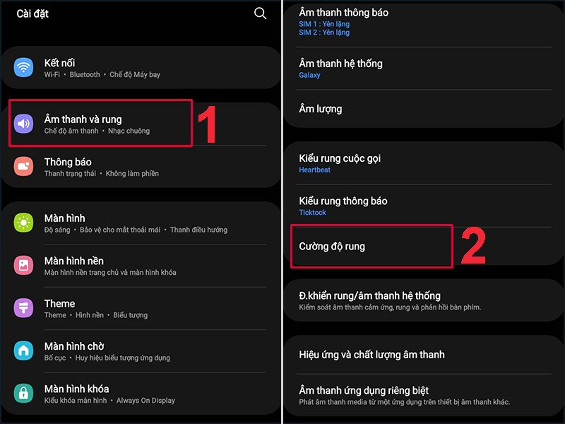 Mở mục Cường độ rung trong phần Cài đặt