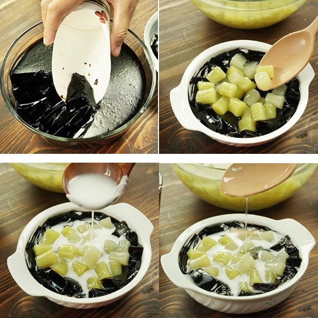 Cho cao quy linh, viên khoai dẻo, nước cốt dừa, nước đường tạo thành chén chè khoai dẻo đài loan thơm ngon