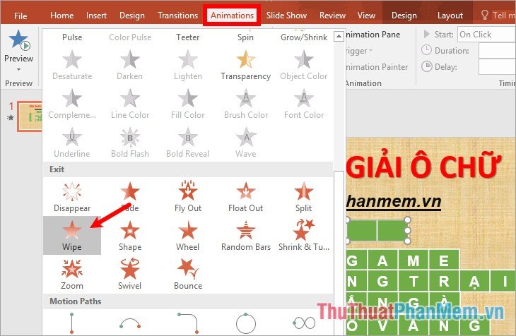Chọn bảng - chọn Animations - chọn hiệu ứng trong phần màu đỏ (Exit) Chọn bảng - chọn Animations - chọn hiệu ứng trong phần màu đỏ (Exit)