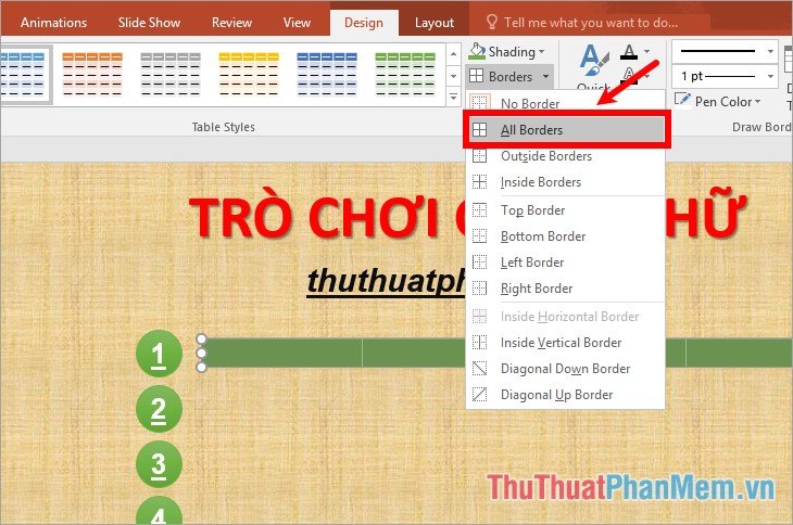 Chọn Borders - All Borders để tô viền các ô Chọn Borders - All Borders để tô viền các ô