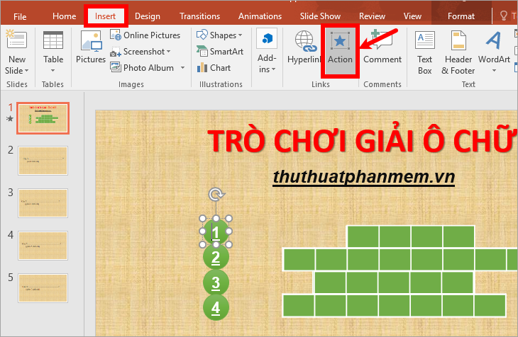 Chọn hình số 1 và chọn Insert - Action Chọn hình số 1 và chọn Insert - Action