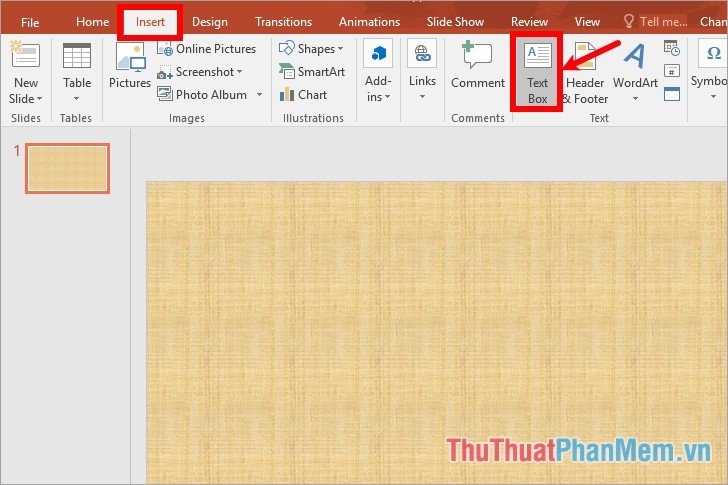 Chọn Insert - Text Box và vẽ khung textbox trên slide Chọn Insert - Text Box và vẽ khung textbox trên slide