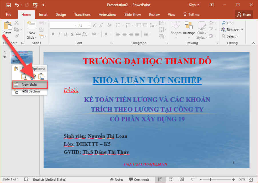 Chọn New Silde để tạo nội dung tiếp theo