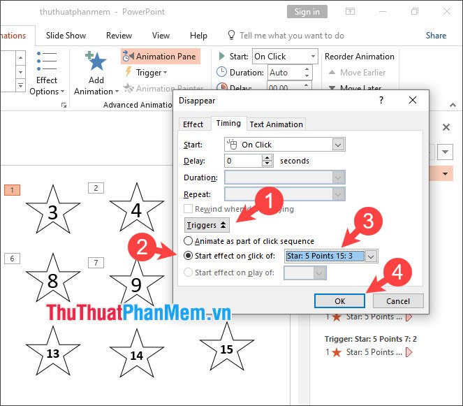 Chọn Start effect on click of