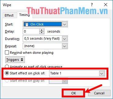 Chọn Triggers - Start Effect on click of Chọn Triggers - Start Effect on click of