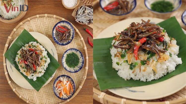 Thành phẩm xôi cá cơm khô béo ngậy ăn kèm mỡ hành