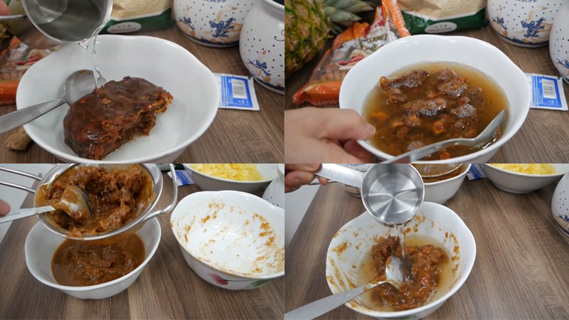 Ngâm me với nước sôi và lọc thịt me Ngâm me với nước sôi và lọc thịt me