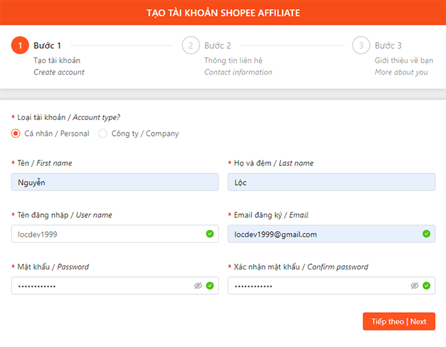 Cung cấp các thông tin tài khoản đăng ký tiếp thị liên kết Shopee