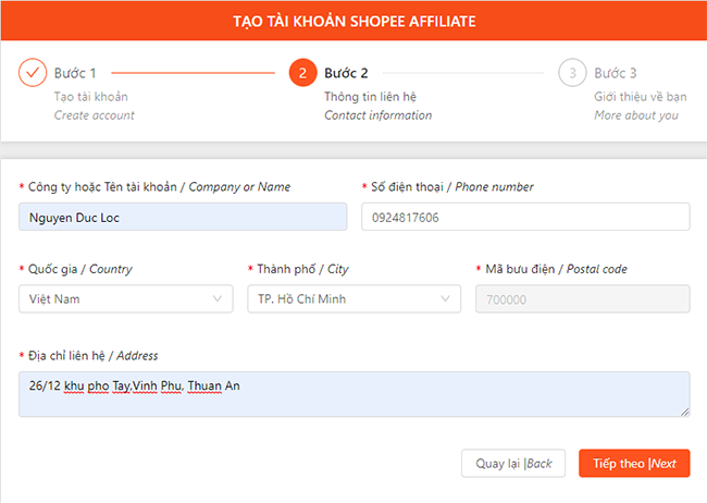 Điền thông tin cá nhân của người tham gia