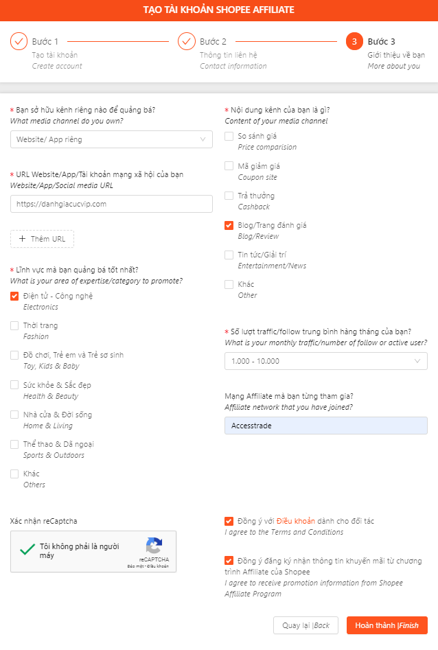 Nhập thông tin về nguồn Traffic, cách làm Affiliate với Shopee