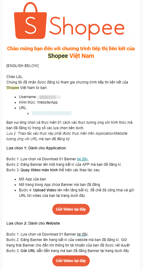 Nhận email xác thực từ Shopee
