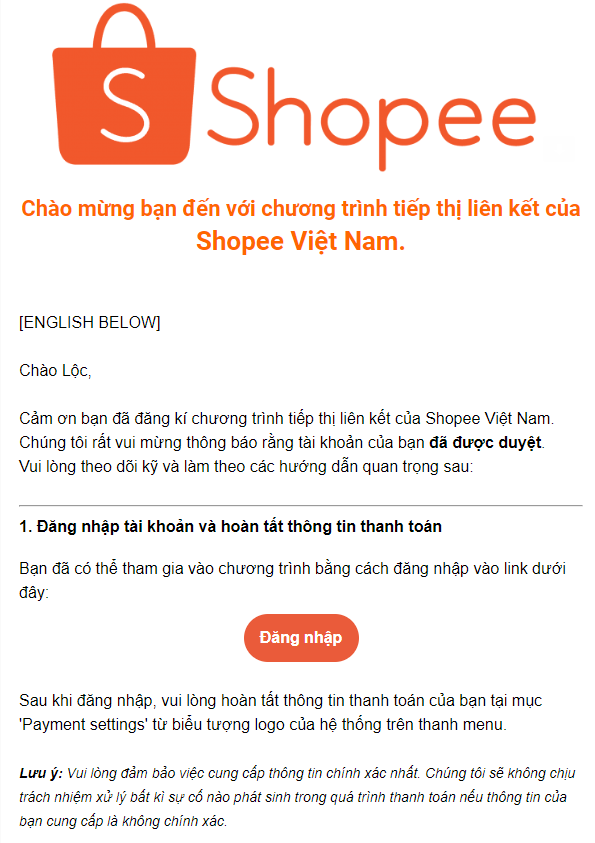 Hoàn tất đăng ký tiếp thị liên kết Shopee