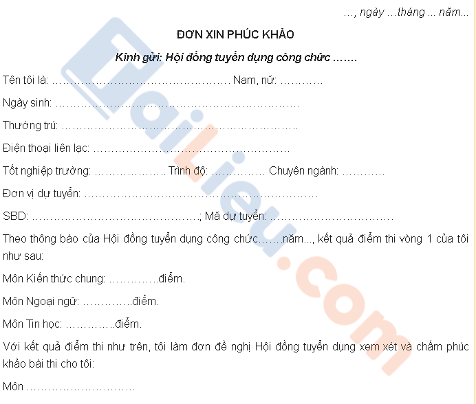 mẫu đơn phúc khảo thi công chức