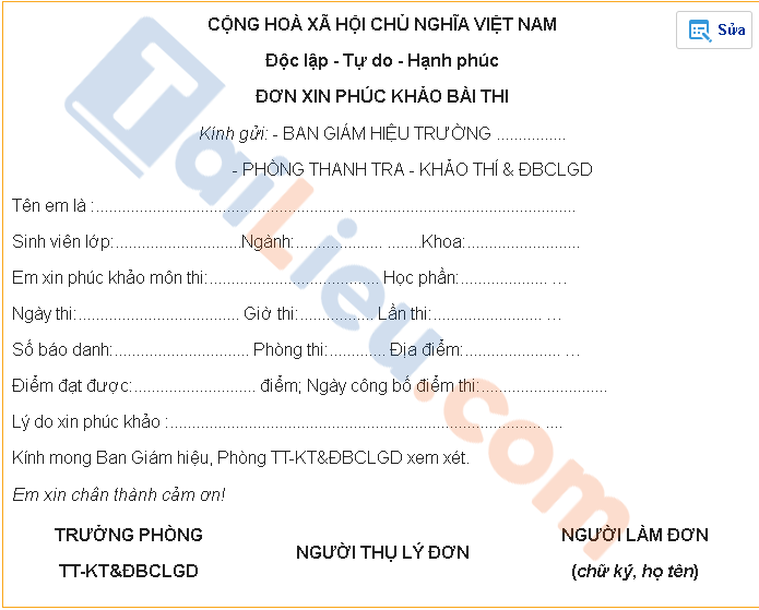 Đơn xin phúc khảo bài thi cuối học kì 