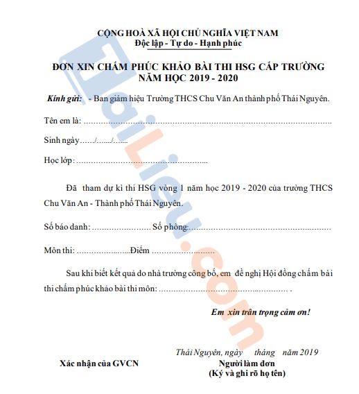 Mẫu đơn xin phúc khảo bài thi hoc sinh giỏi 2021 chuẩn nhất