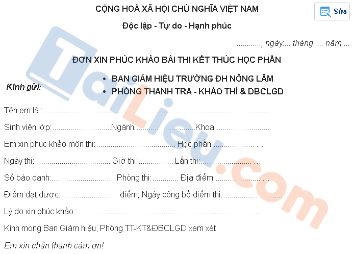 Đơn xin phúc khảo bài thi kết thúc học phần chuẩn nhất 2021