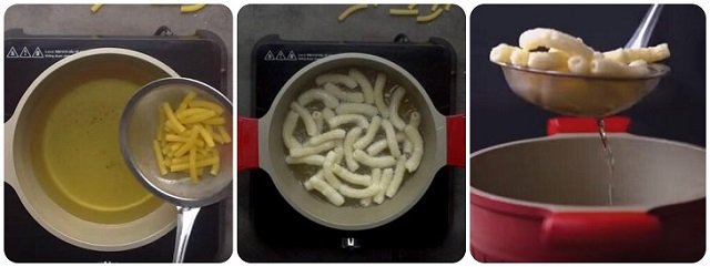Đun nóng dầu ăn rồi cho nui vào chiên nở phồng