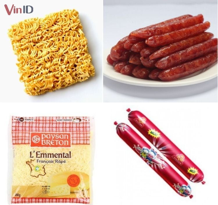 Nguyên liệu để làm pizza mì tôm nhân xúc xích và lạp xưởng