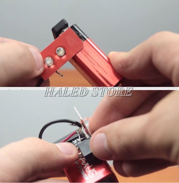 Gắn nhựa có đèn và công tắc lên cục pin vuông