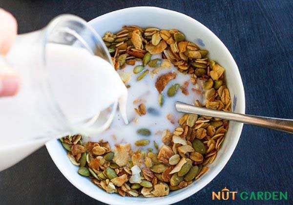 Granola trộn với sữa cho bửa sáng