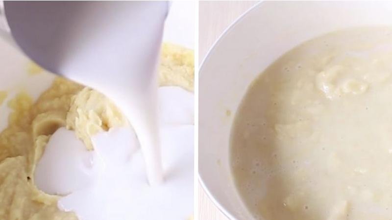 Cho nước dừa vào trộn đều hỗn hợp Cho nước dừa vào trộn đều hỗn hợp